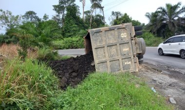 Truk Fuso Angkutan Batu Bara Terguling Seketika Beroperasi di Jalan Lintas Timur Seputaran KM 101 Merlung