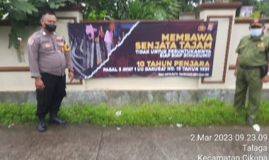 Antisipasi Balap Liar Dan Kriminalitas, Polsek Cikupa Polresta Tangerang Melakukan Pemasangan Sepanduk Himbauan Ke Desa Desa