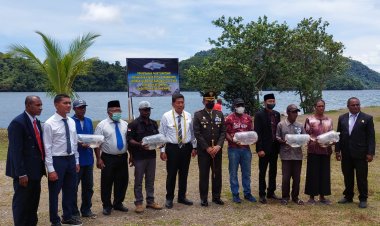 Moment HUT ke-53 Kabupaten, Wakil Ketua II Fredolin Warkawani Bersama Bupati dan Forkopinda Menyerahkan Bantuan 30.000 Benih Ikan Kakap Baramundi