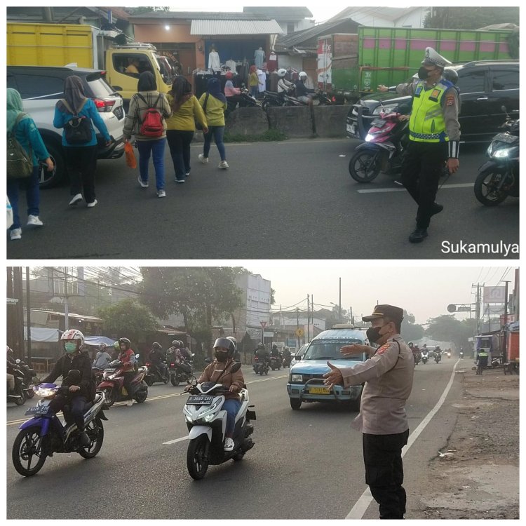 Pengaturan Lalu Lintas Depan PT Chingluh dan Bantu Penyeberangan Karyawan Bentuk Pelayanan Prima Polsek Cikupa