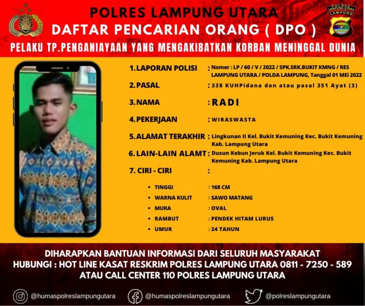 Polres Lampung Utara Terbitkan DPO Hingga Lakukan Pengejaran Terhadap Tersangka Pembunuhan Geregi Saat Malam Takbiran 