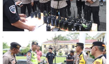 PERGELARAN APEL KESIAPAN PERSONEL, PERLENGKAPAN DALMAS, ALAT KOMUNIKASI DAN RANMOR DINAS DALAM RANGKA PENGAMANAN TPS DI WILAYAH KAB OKU