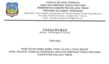 Seleksi Pengisian JPTP Kolaka Timur Resmi Diumumkan, Berikut Daftarnya