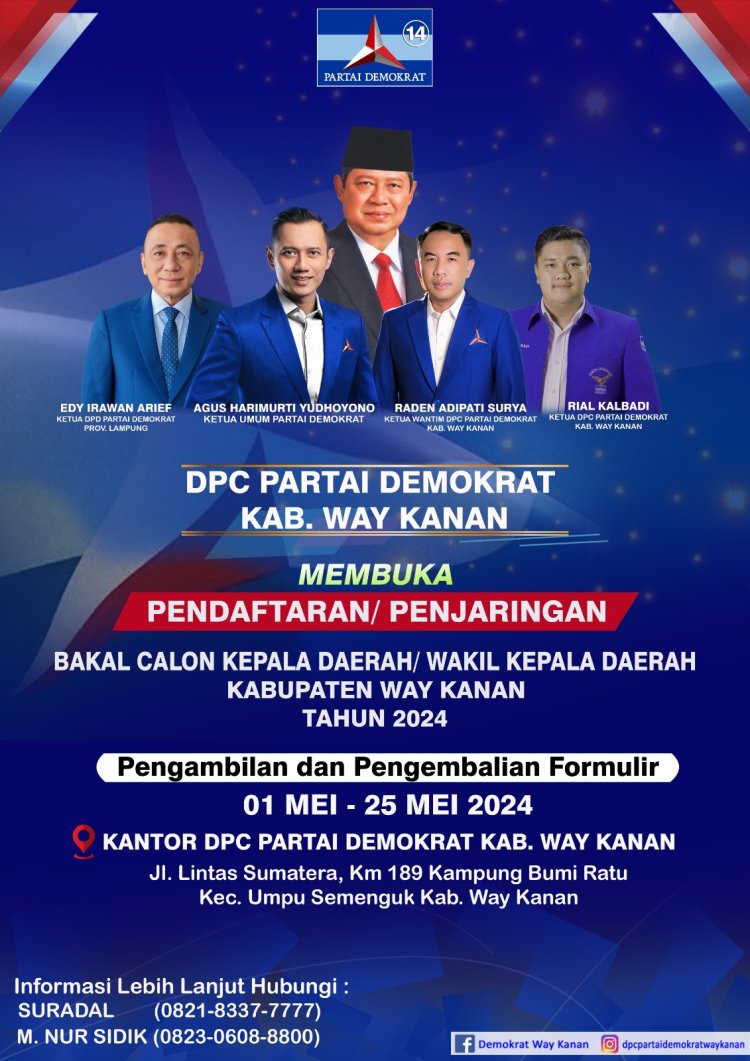 Partai Demokrat Way Kanan Mulai Buka Penjaringan Bacakada Way Kanan 2024-2029