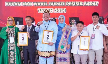 Komisi Pemilihan Umum (KPU) Kabupaten Pesisir Barat (Pesbar) menggelar rapat pleno terbuka pengundian nomor urut Pasangan Calon (Paslon) Bupati dan Wakil Bupati Pesbar dalam Pemilihan Kepala Daerah (Pilkada) serentak tahun 2024