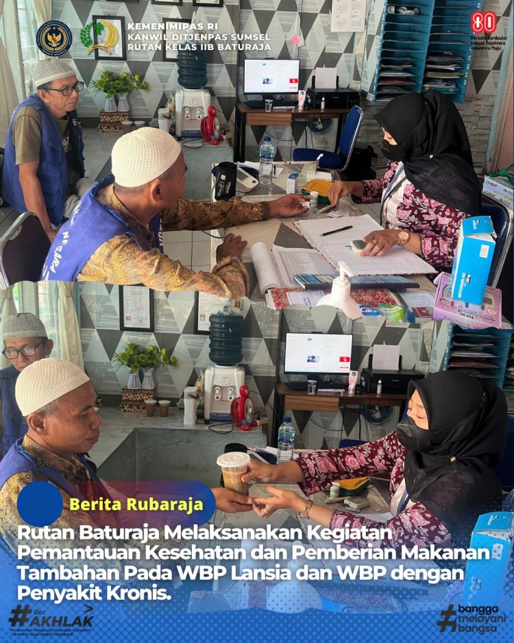 Rutan Baturaja melaksanakan kegiatan rutin berupa pemantauan kesehatan serta pemberian makanan tambahan bagi Warga Binaan Pemasyarakatan (WBP) lansia dan WBP yang mengalami penyakit kronis. 