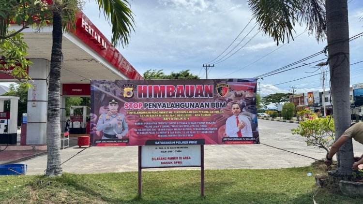 Polres Pidie Pasang Spanduk Himbauan Cegah Penyalahgunaan BBM Bersubsidi di Sejumlah SPBU
