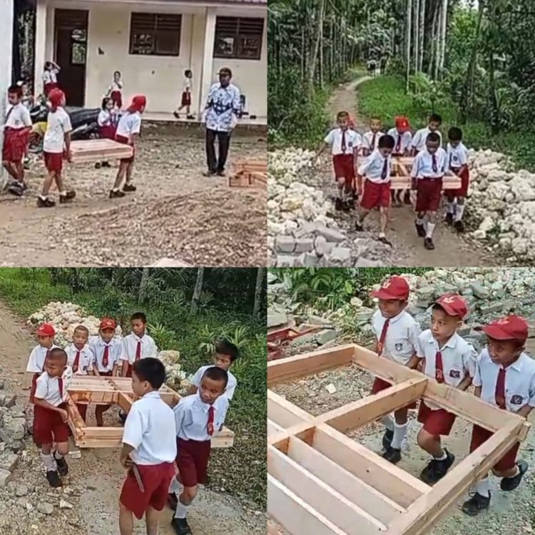 Biarkan Siswa Angkat Kusen pada Program Revitalisasi SDN 078533 Hoya Ambukha Nias Selatan, Kata Kasek: Tidak Tahu Kami, Itu Urusan Mereka!