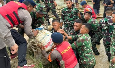 ‎Tim Sar Batalyon D Pelopor Brimob Polda Metro Jaya Dan TNI Tangani Tanggul Jebol di Muara Gembong
