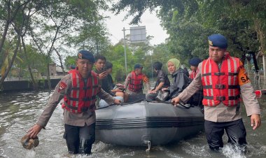 ‎Sat Brimob Polda Metro Jaya Evakuasi Warga Terdampak Banjir di Green Ville, Kebon Jeruk