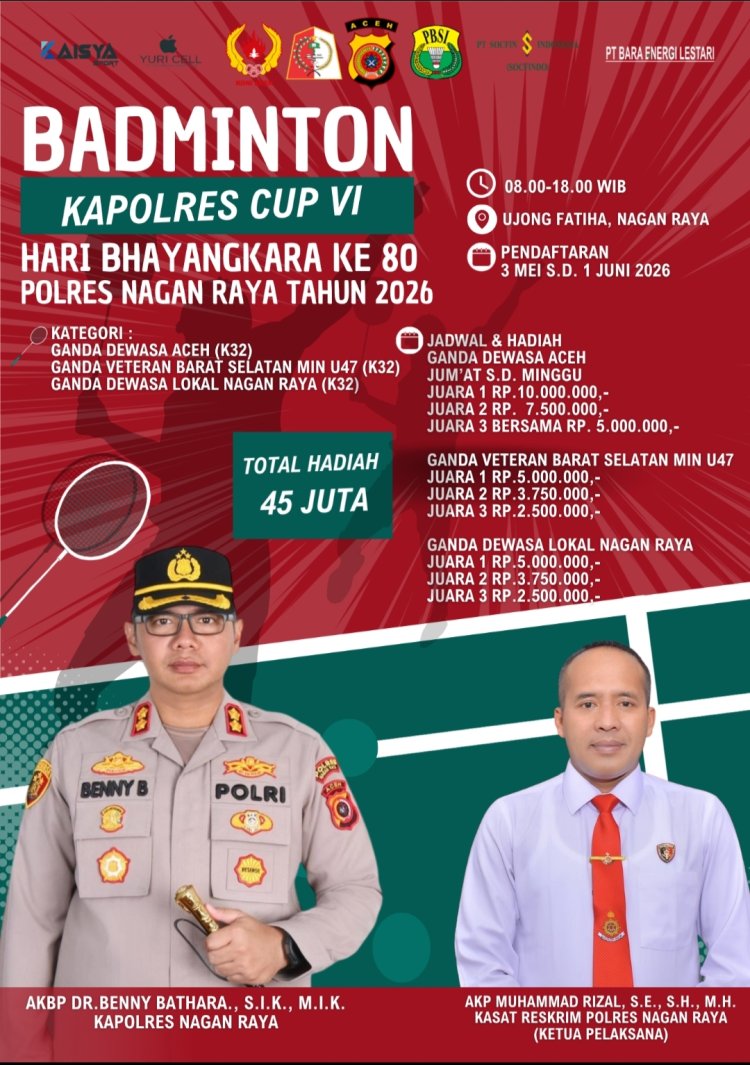 Semarak Hari Bhayangkara ke-80, Polres Nagan Raya Gelar Badminton Kapolres Cup VI Berhadiah Rp45 Juta