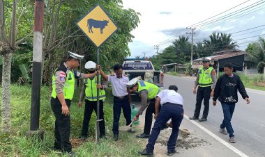 Cegah Kecelakaan Akibat Hewan Ternak, Sat Lantas Aceh Utara Pasang Rambu Peringatan di Jalur Nasional