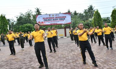 Olahraga Bersama HUT Bhayangkara ke-80, Polres Aceh Timur Perkuat Sinergi Lintas Lembaga