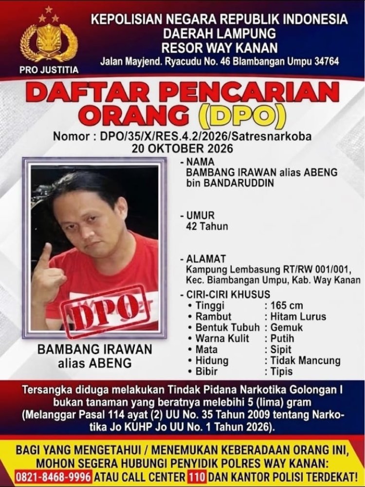 Polres Way Kanan Terbitkan DPO Kasus Narkotika, Masyarakat Diminta Bantu Berikan Informasi